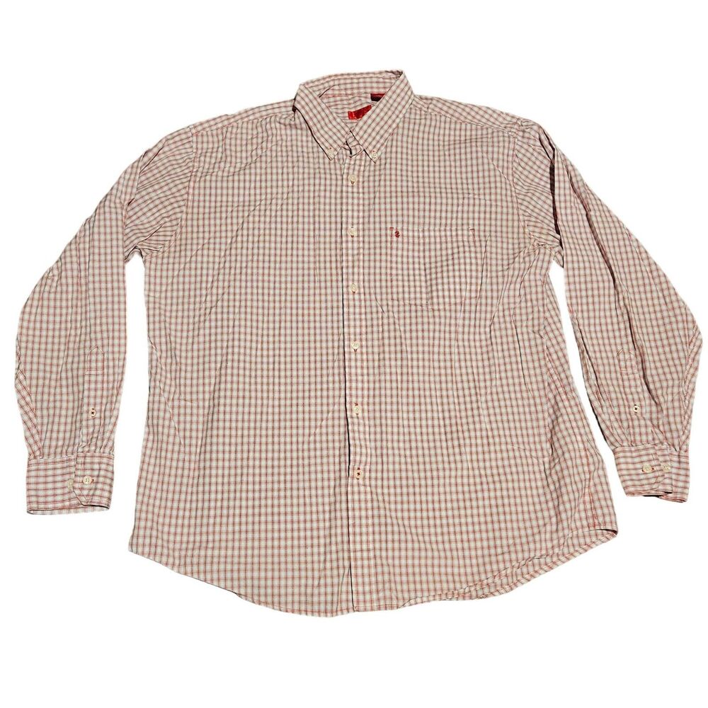 IZOD Red White Plaid Men's Long Sleeve Button Down Shirt 100% Cotton Size XL